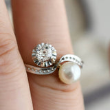 Antique 18K Gold Platinum 0.32 Ct Old Mine Cushion Cut Diamond Pearl Two Stone Toi et Moi Bypass Engagement Ring, Size 5