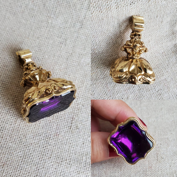 Victorian 14K Solid Yellow Gold Floral Carving Deep Purple Amethyst Wax Seal Watch Fob Charm Pendant