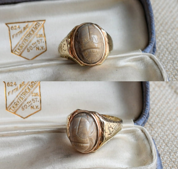 Antique Vintage Egyptian Revival 14K Carved Stone Scarab Beetle Ring, Ring Size 6.5-6.75, Gift for Her