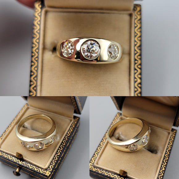 Handmade 14K Yellow Gold Three Stone Old European Cut Diamond Gypsy Flush Set Ring