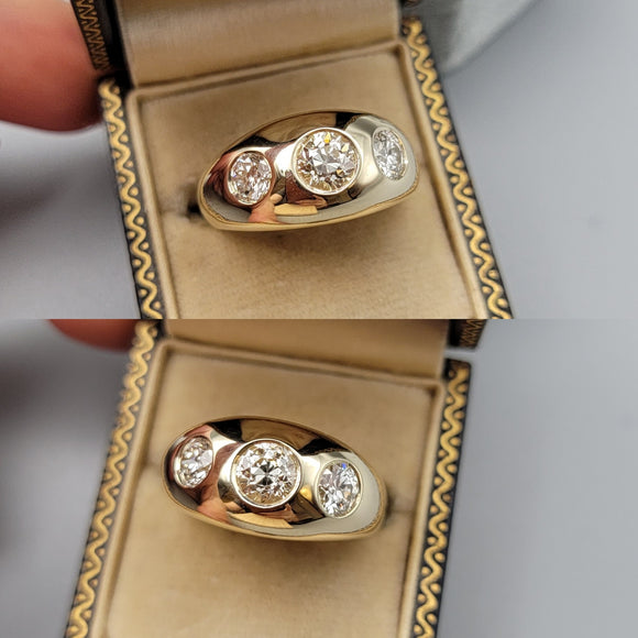 Custom Handmade 14K Yellow Gold Three Stone Old European Cut Diamond Gypsy Flush Set Ring, 1.42 CTW, Size 6.5-6.75