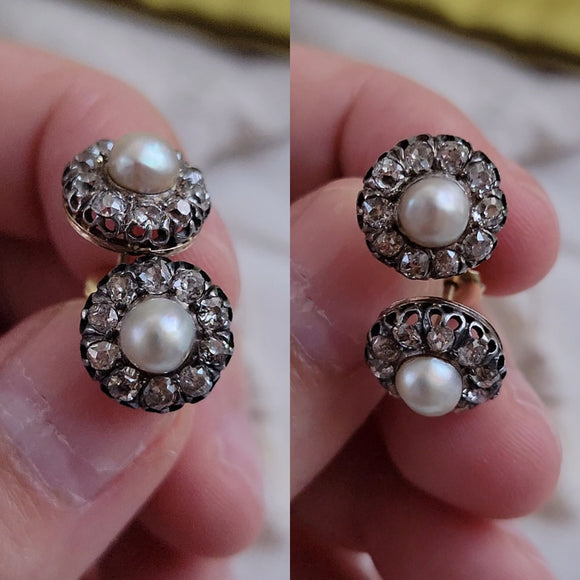 Antique Victorian Old Mine Cut Diamond Pearl 18k Silver Floral Daisy Earrings, Diamond Cluster Halo Post Earrings