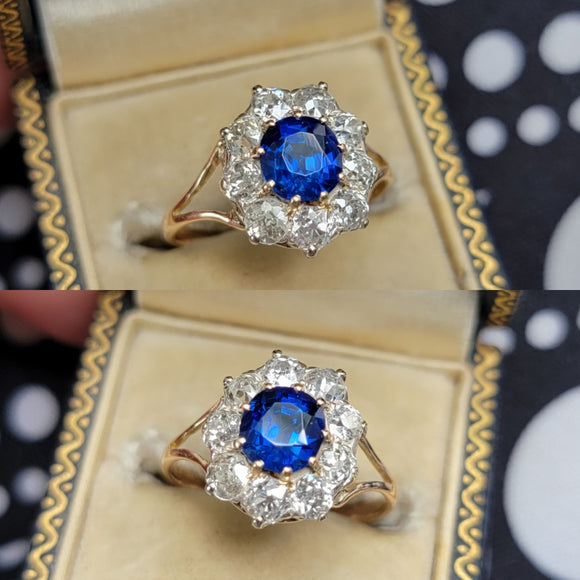 Antique 14k GIA Cambodia No Heat sapphire old mine diamond Cluster Halo Ring, 2.53CTW, Engagement Ring, Size 6.25