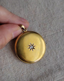 Antique Victorian Edwardian 10K Solid Gold Old European Cut Diamond Starburst Round Shape Wedding Locket, Monogram SFC, Circa 1900s