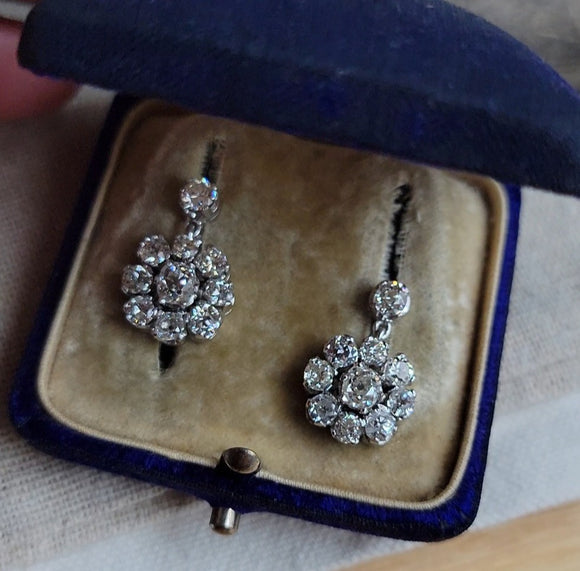 Antique Platinum 18K Old Mine Old European Cut Diamond Cluster Earrings, Diamond Halo, Pierced Earrings