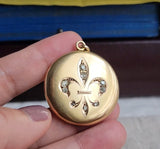 Antique Victorian Edwardian 12K-14K Solid Gold Fleur De Lis 0.35CTW Old Cut Diamond Locket, Monogram "JMC" or "MH", Gift for Her