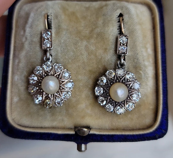 Antique Edwardian Old Mine Old European Cut Diamond Pearl 18k Silver Floral Daisy Earrings, Diamond Cluster Halo Pierced Earrings