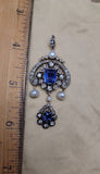 Antique Victorian French 18K Gold Silver GIA Certified No Heat Sri Lanka Ceylon Sapphire Old Cut Diamond Pearl Pendant
