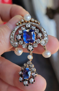Antique Victorian French 18K Gold Silver GIA Certified Sri Lanka Ceylon Blue Sapphire Old Cut Diamond Pearl Pendant