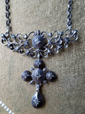 Antique Georgian French Regional Rose Cut Diamond Silver Cross Necklace, Stomacher, Flemish, Religious Charm Pendant
