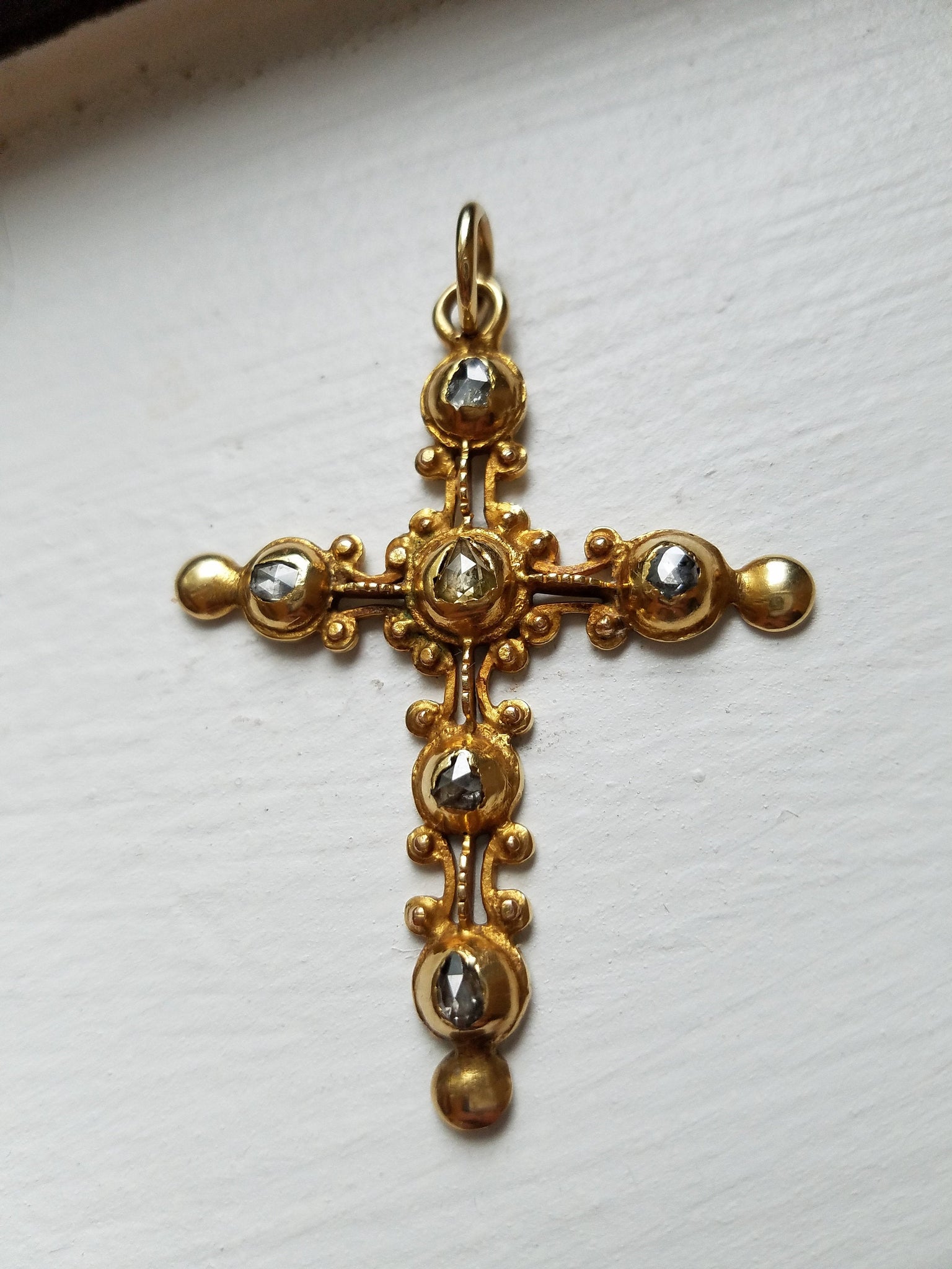 Antique Iberian Rose Cut Diamond 18K Gold Cross Pendant