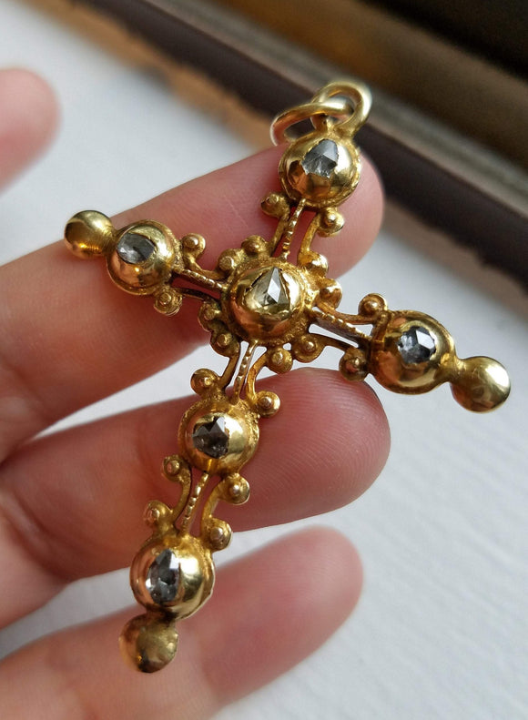 Antique Iberian Rose Cut Diamond 18K Gold Cross Pendant, Crucifix Religious Charm Pendant
