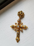 Antique Iberian Rose Cut Diamond 18K Gold Christian Cross Pendant, Crucifix Religious Charm Pendant