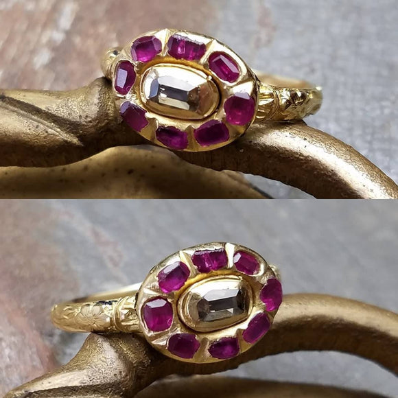 Rare Antique Ancient 17th Century Renaissance Enamel Ring with Table Cut Diamond and Rubies, Size 5.25-5.5