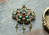 Vintage Victorian Style Ladies 14K Solid Gold Turquoise Garnet Fringe Brooch Pin Pendant, Something Blue and Something Old