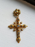 Antique Iberian Rose Cut Diamond 18K Gold Christian Cross Pendant, Crucifix Religious Charm Pendant