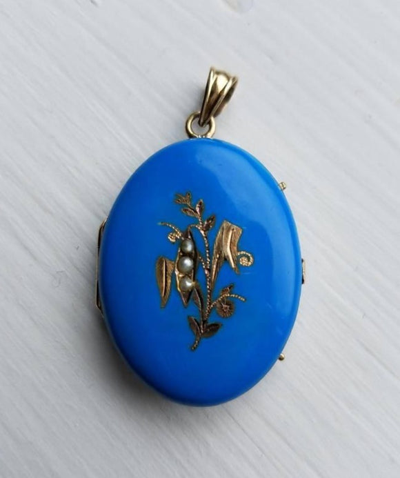 Antique Victorian 14K gold Robin's Egg Blue Turquoise Enamel Oval Keepsake Photo Locket Necklace, Something Old Something Blue