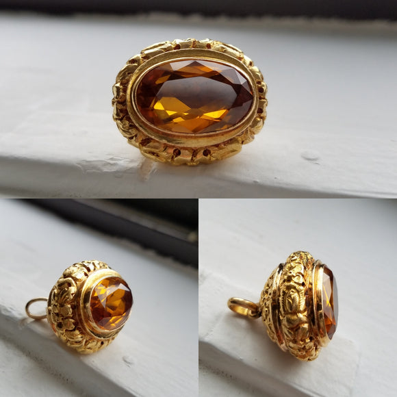 Antique Victorian 18K Solid Yellow Gold Floral Repousse Citrine Charm Watch Fob Pendant