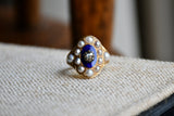 Antique Georgian Regency 18K Gold Split Pearl Rose Cut Diamond Rotal Blue Guilloche Enamel Marquise Memorial Ring, Size 6