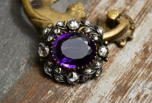 Antique Georgian Victorian Faceted Amethyst Rose Cut Diamond Silver Gold Pin Brooch, Gift for Her