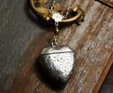 Large Antique Victorian Sterling Silver Heart Vesta Case Keepsake Locket, Full English Hallmark Birmingham 1899, 27.5" Rosary Chain