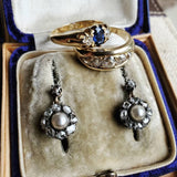 Antique 18K Gold Silver Split Pearl Rose Cut Diamond Cluster Earrings, Diamond Halo Pierced Earrings
