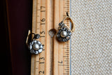 Antique 18K Gold Silver Split Pearl Rose Cut Diamond Cluster Earrings, Diamond Halo Pierced Earrings