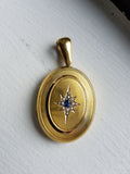 Large Antique Victorian English 15K 15CT Solid Gold Sapphire Seed Pearl Starburst Locket, Circa 1880s