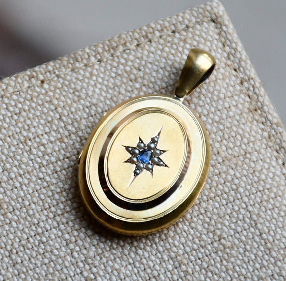 arge Antique Victorian English 15K 15CT Solid Gold Sapphire Seed Pearl Starburst Locket, Circa 1880s