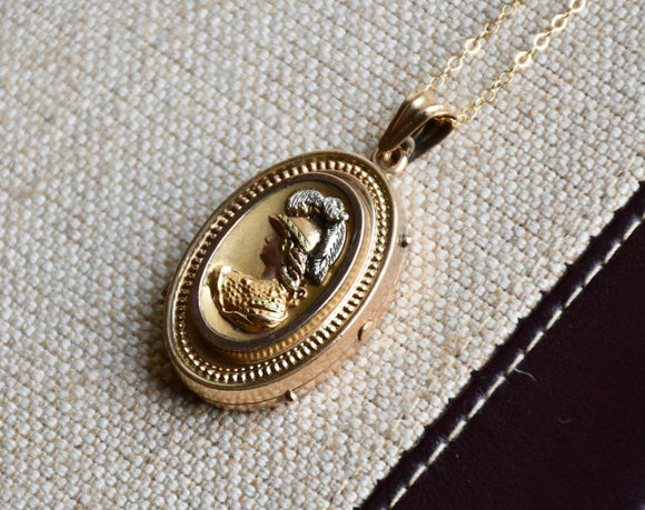 Antique Victorian Greek Revival Oval Gold Filled Photo Locket Necklace, Roman Warrior, 20 Inches Chain, Circa 1880s, Gift for Her