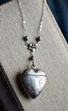 Large Antique Victorian Sterling Silver Heart Vesta Case Keepsake Locket, Full English Hallmark Birmingham 1899, 27.5" Rosary Chain