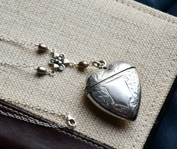 Large Antique Victorian Sterling Silver Heart Vesta Case Keepsake Locket, Full English Hallmark Birmingham 1899, 27.5