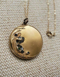 Antique Art Nouveau Gold Filled Rhinestone Repousse Floral Wedding Photo Locket Necklace, No Monogram, Personalized Pendant , 18" Chain