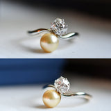 Reserved Antique 14K Gold Platinum GIA 0.93 I VS2 Antique Cushion Cut Diamond Pearl Two Stone Toi et Moi Bypass Engagement Wedding Ring, Size 8.5