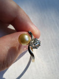 Reserved Antique 14K Gold Platinum GIA 0.93 I VS2 Antique Cushion Cut Diamond Pearl Two Stone Toi et Moi Bypass Engagement Wedding Ring, Size 8.5