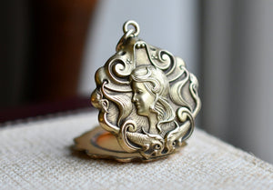 Antique Art Nouveau Repousse Mermaid Woman Gold Filled Locket, Flowing Hair Lady, Gibson Girl Maiden Wedding Locket, Monogram FS