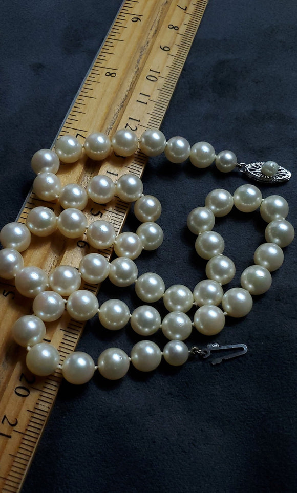Vintage Midcentury Cultured Pearl Single Strand Necklace, Hand Knotted, 14K White Gold Filigree Seed Pearl Clasp, 16 Inches, Choker Necklace