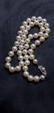 Vintage Cultured Pearl Single Strand Necklace, Hand Knotted, 14K White Gold Filigree Seed Pearl Clasp, 16 Inches, Choker Necklace