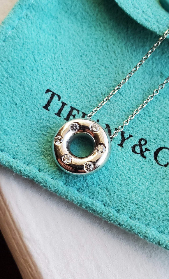 Vintage Retired Authentic Tiffany & Co Etoile Platinum Diamond Open Circle Pendant Necklace, Donut Charm