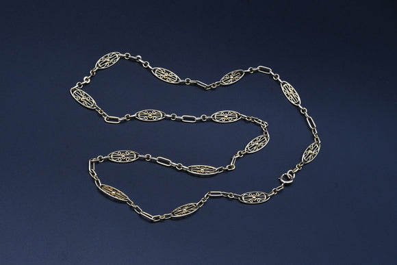 Antique Edwardian 10K Solid Gold Filigree Ornate Oval Link Chain Necklace, Layering Chain, 20 Inches