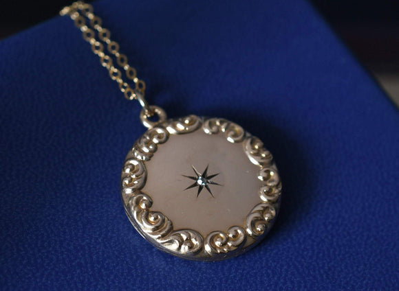 Antique Victorian Edwardian Repoussé 10K Solid Gold Starburst Rose Cut Diamond Round Shape Photo Locket, Personalized Pendant