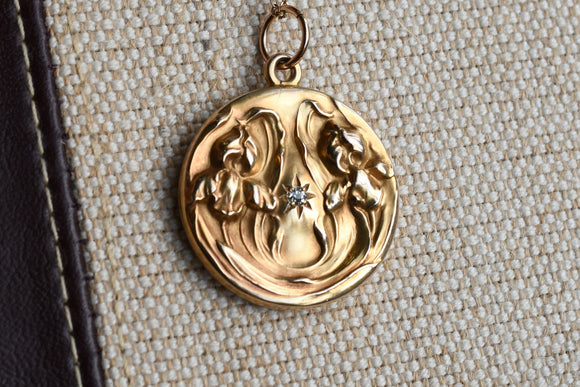 Antique Art Nouveau 14K Solid Gold Old Cut Diamond Repousse Pansy Iris Flower Wedding Locket, Monogram WMM, Photo Locket, 17