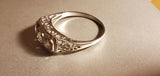 Vintage Art Deco 14K White Gold Trilogy Three Stone Old European Cut Diamonds Filigree Carved Wedding Anniversary Ring, 0.50 CTW, Size 7